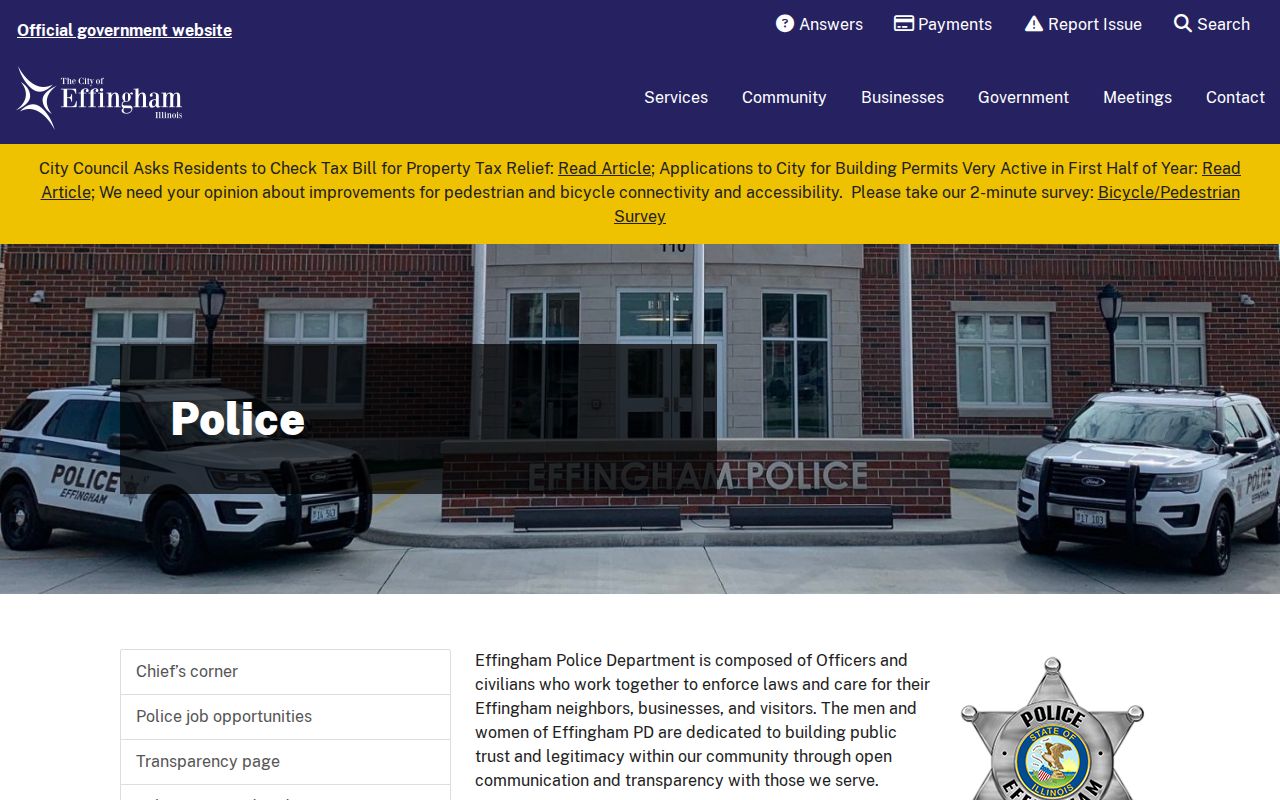 Official Effingham Police Department webpage with city police information