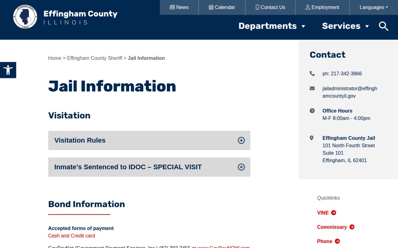 Effingham County Jail and Corrections official custody-information page